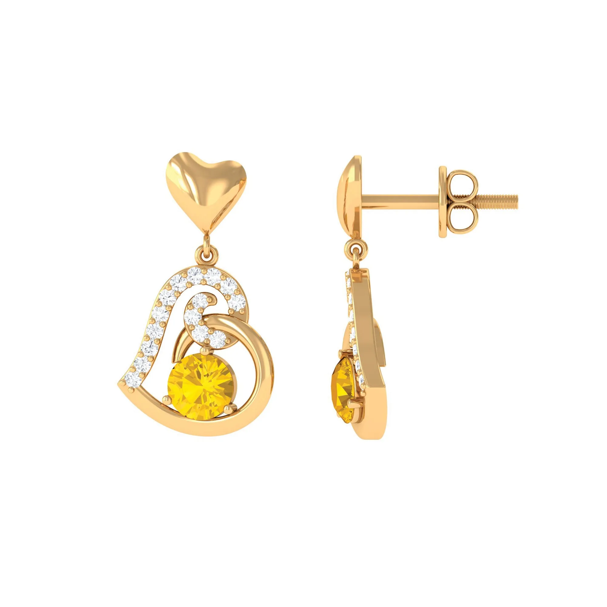 0.75 CT Yellow Sapphire and Diamond Heart Drop Earrings