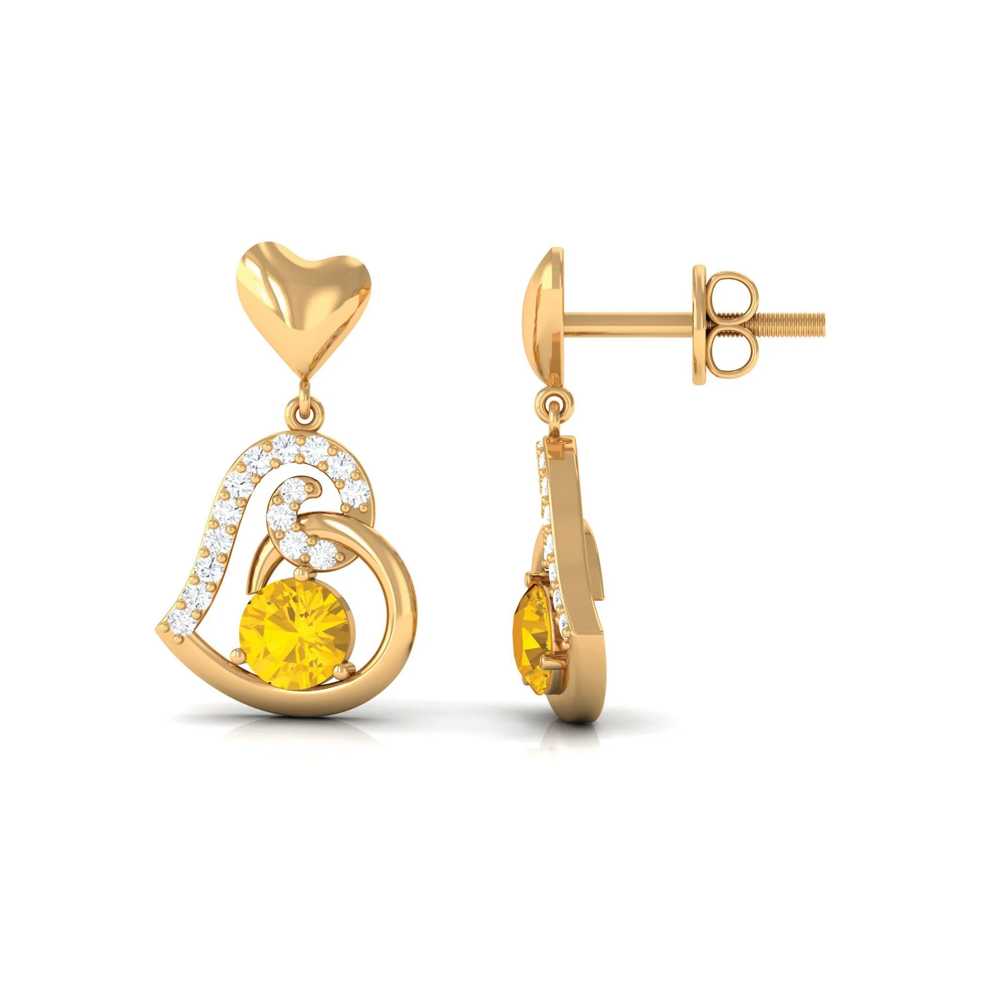 0.75 CT Yellow Sapphire and Diamond Heart Drop Earrings