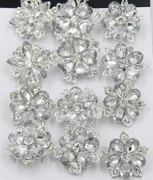 12 Pcs of Silver Rhinestone Flower Brooch BR-034