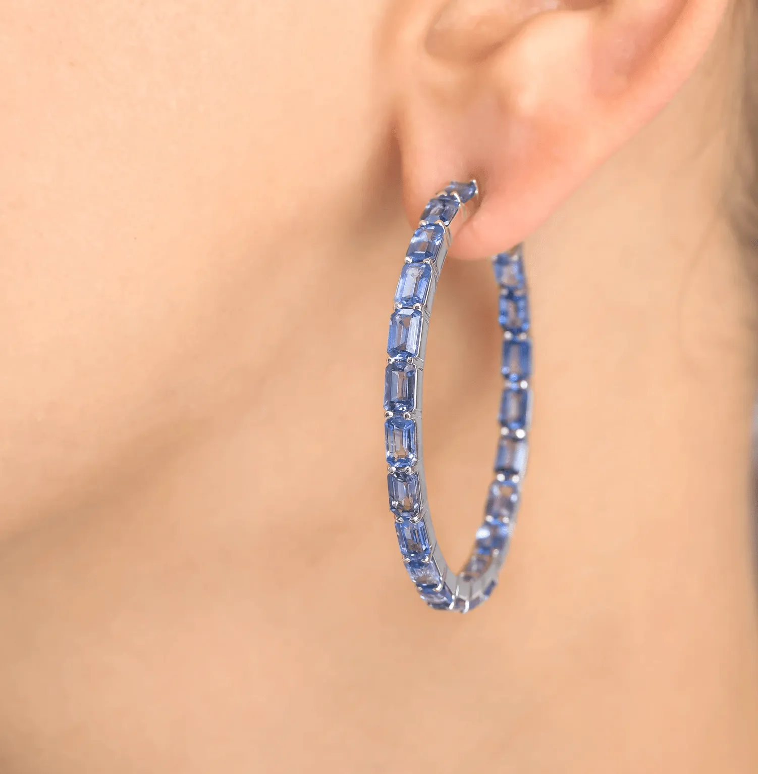 14K & 18K Gold Blue Sapphire Inside Outside Hoop Earrings