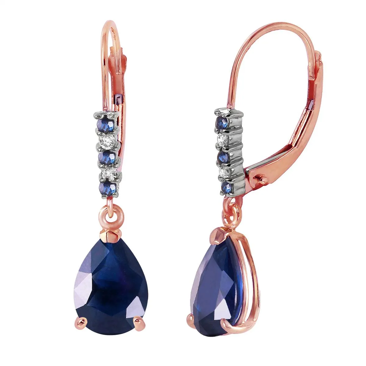 14K Solid Rose Gold Leverback Earrings Natural Diamond & Sapphire Jewelry