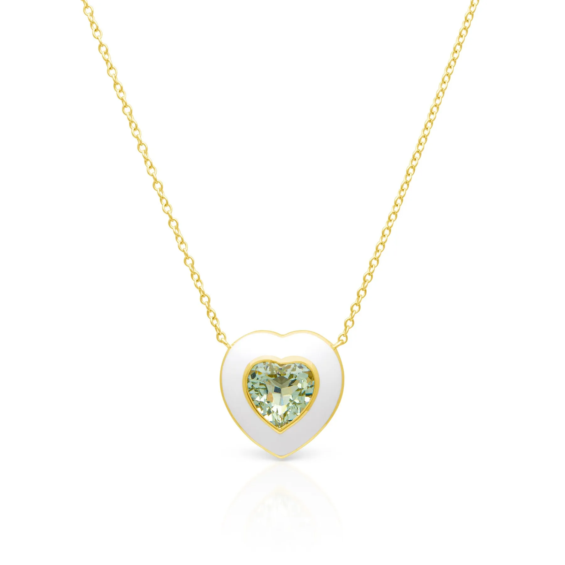 14KT Yellow Gold Green Amethyst White Enamel Heart Necklace