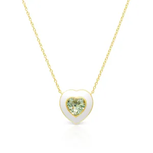 14KT Yellow Gold Green Amethyst White Enamel Heart Necklace