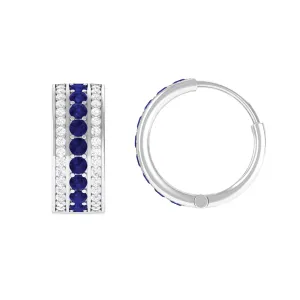 1.50 CT Created Blue Sapphire and Diamond Wide Hoop Drop Earrings