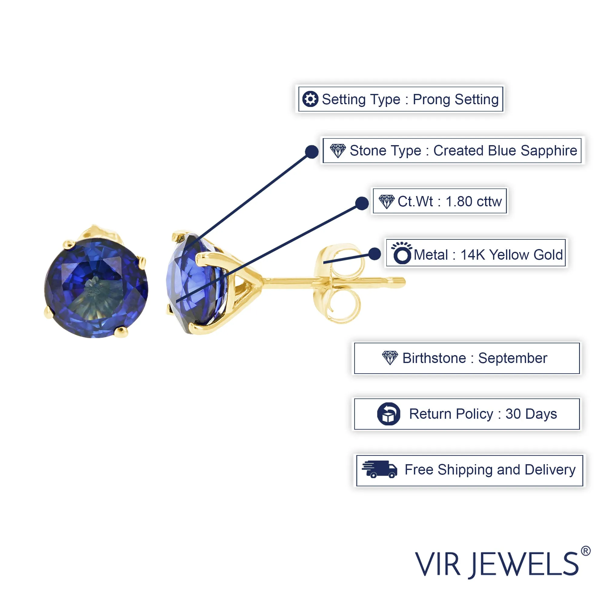 1.80 cttw Created Blue Sapphire Stud Earrings 14K Yellow Gold 6 MM Round with Push Backs September Birthstone