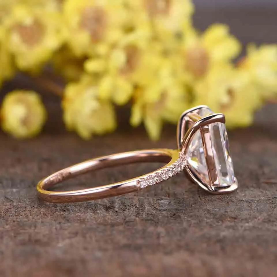 2.7 Carat Radiant Cut Moissanite Engagement Rings Diamond 14k Rose Gold Unique Stacking Band