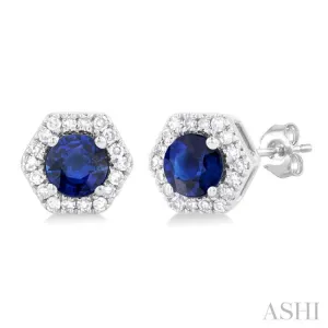 3.5MM Round Sapphire and 1/10 ctw Single Cut Diamonds Halo Precious Stud Earrings in 10K White Gold