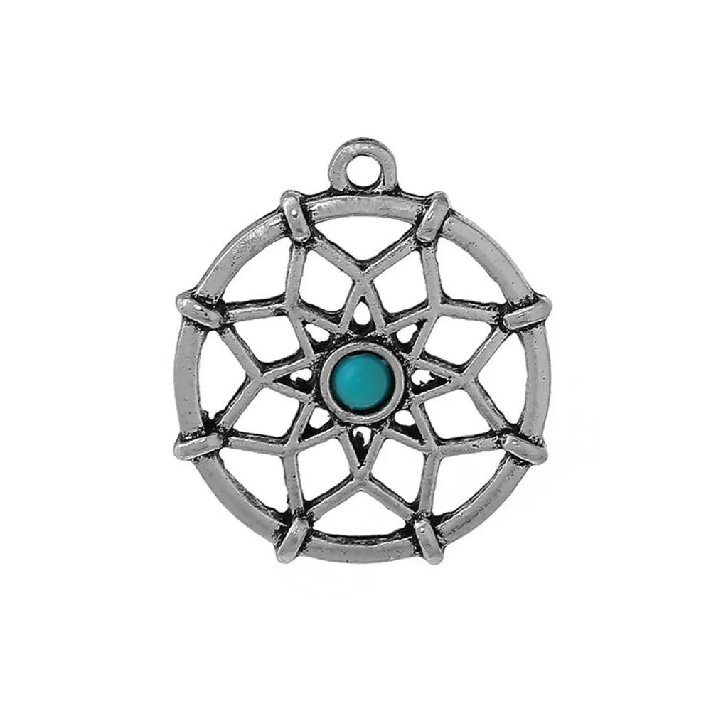 5 Pcs Tibetan Silver DREAMCATCHER CARVED WITH BLUE CABOCHON 31mm x 27mm Charms Pendants, Lead & Nickel Free Metal Charms Pendants Beads