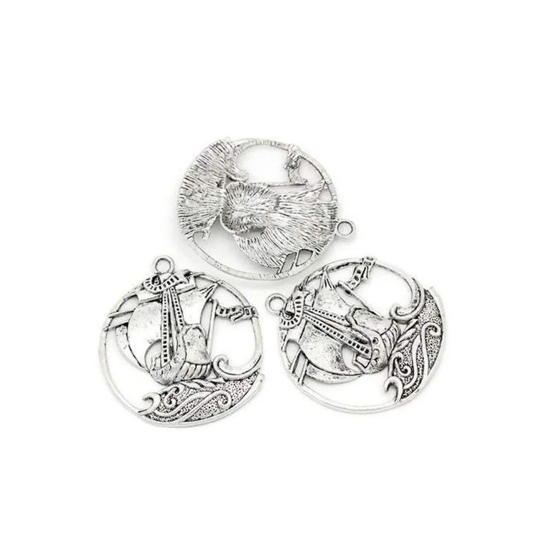 5 Pcs Tibetan Silver PIRATE SHIP PATTERN CARVED 44mm x 39mm Charms Pendants, Lead & Nickel Free Metal Charms Pendants Beads