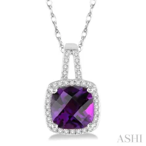 8x8 MM Cushion Cut Amethyst and 1/5 Ctw Round Cut Diamond Pendant in 10K White Gold with Chain