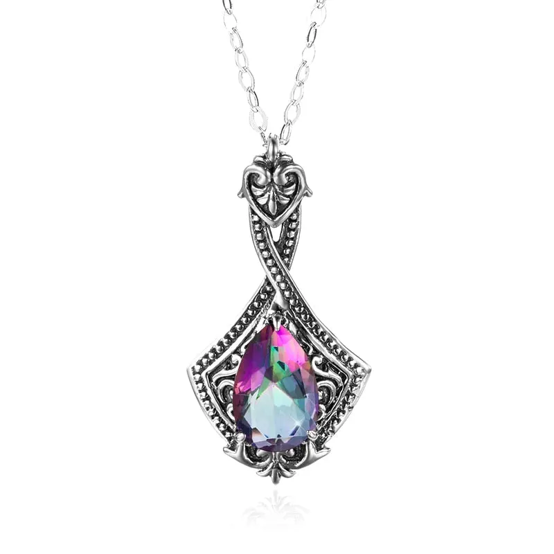 925 Silver Pendant Vintage Gemstone Pendant Necklace Water Drop Rainbow Halloween Necklace For Women