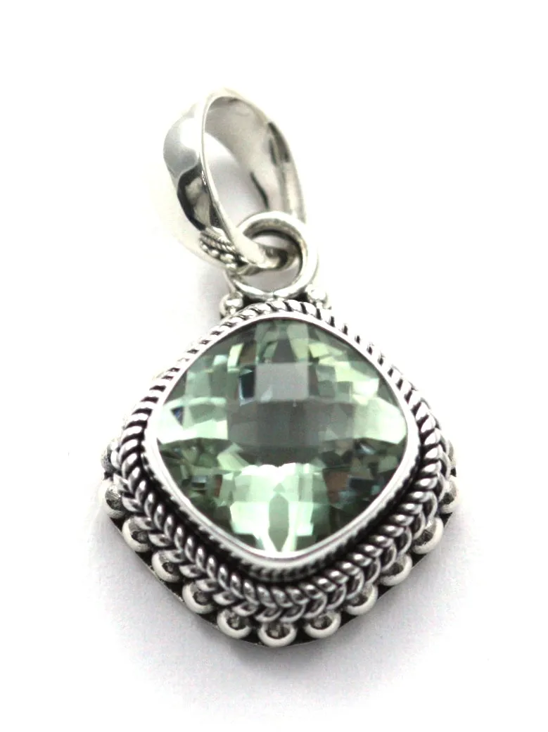 925 Sterling Silver Bali Green Amethyst Pendant