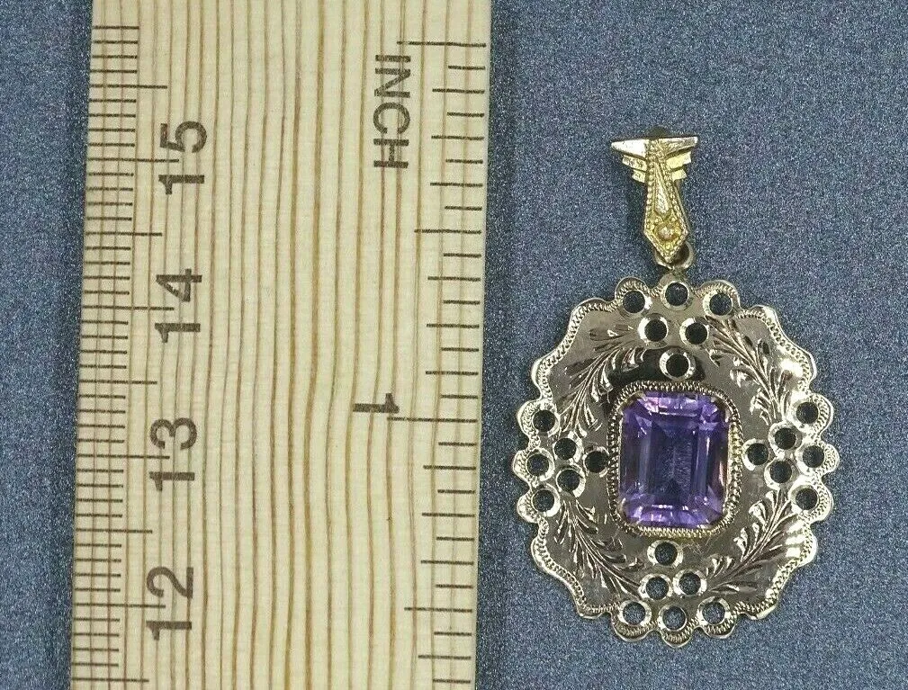 9ct Yellow Gold Amethyst Engraved Pendant