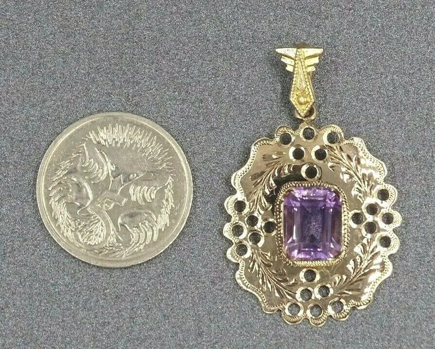 9ct Yellow Gold Amethyst Engraved Pendant