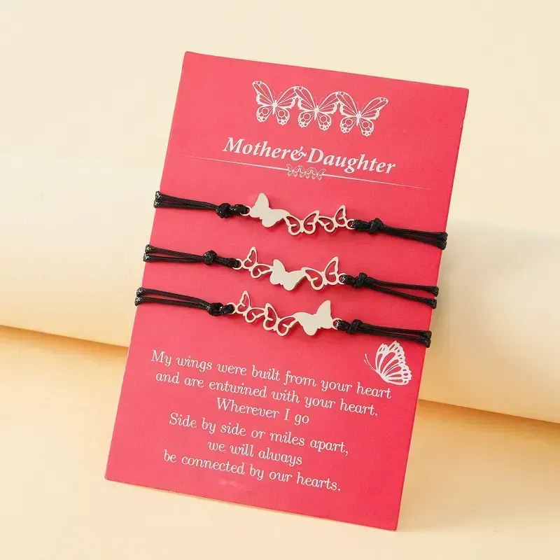 Adjustable Set of 3  Mother and Daughters Butterfly Wish Bracelets with Presentation Card