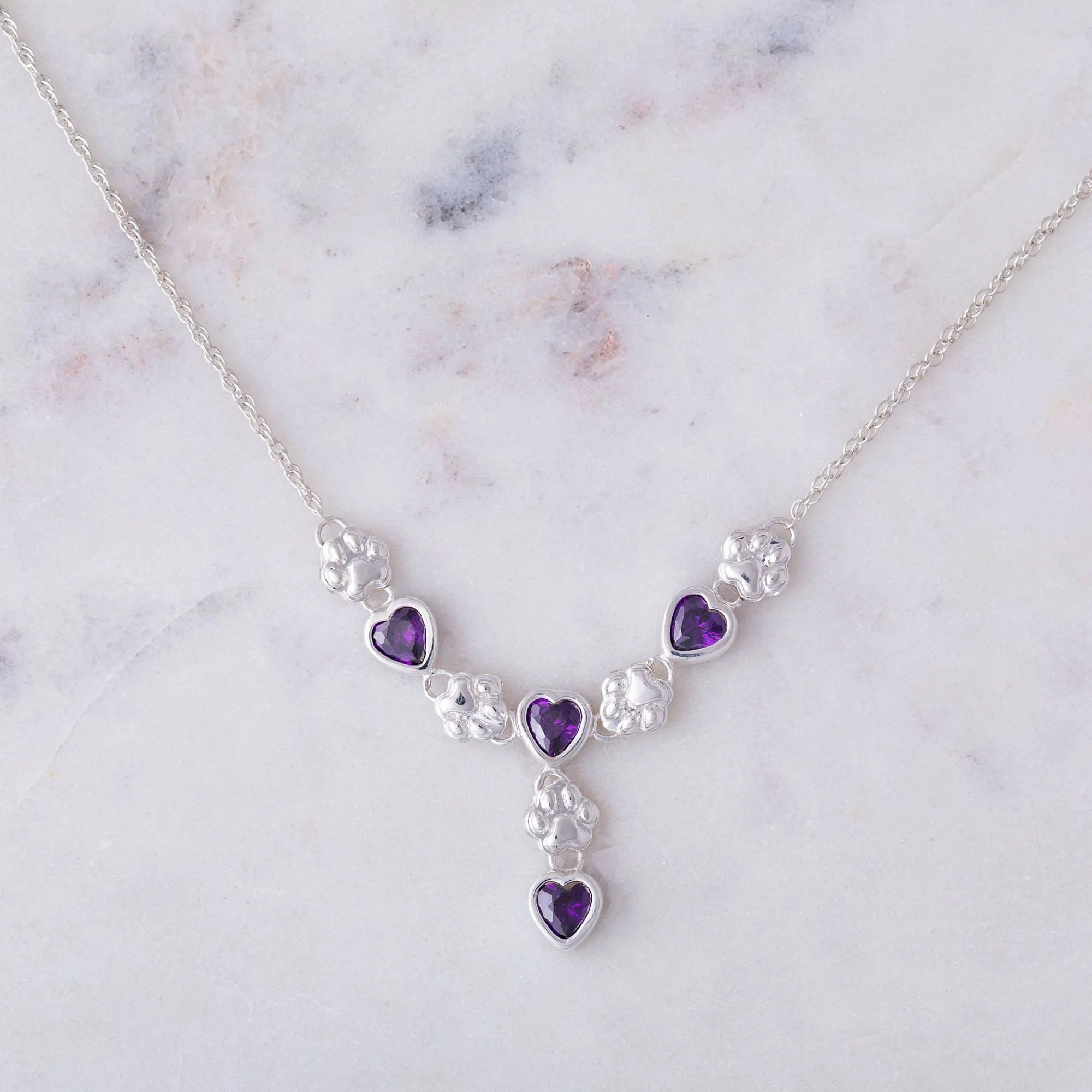 Amethyst Hearts & Paws Sterling Drop Necklace