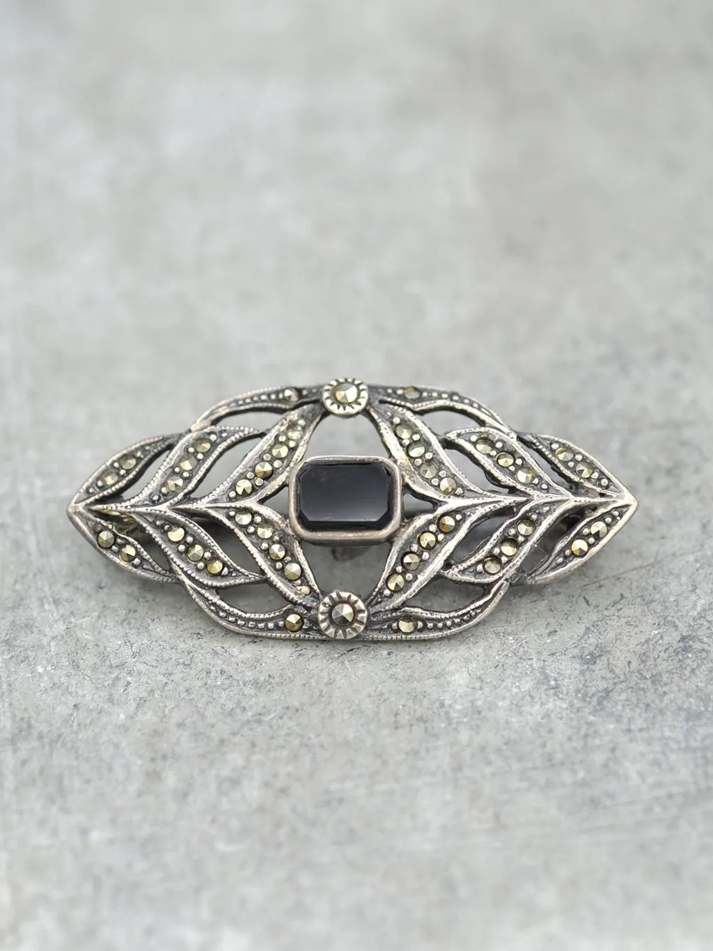 Antique Black Onyx   Marcasite Brooch