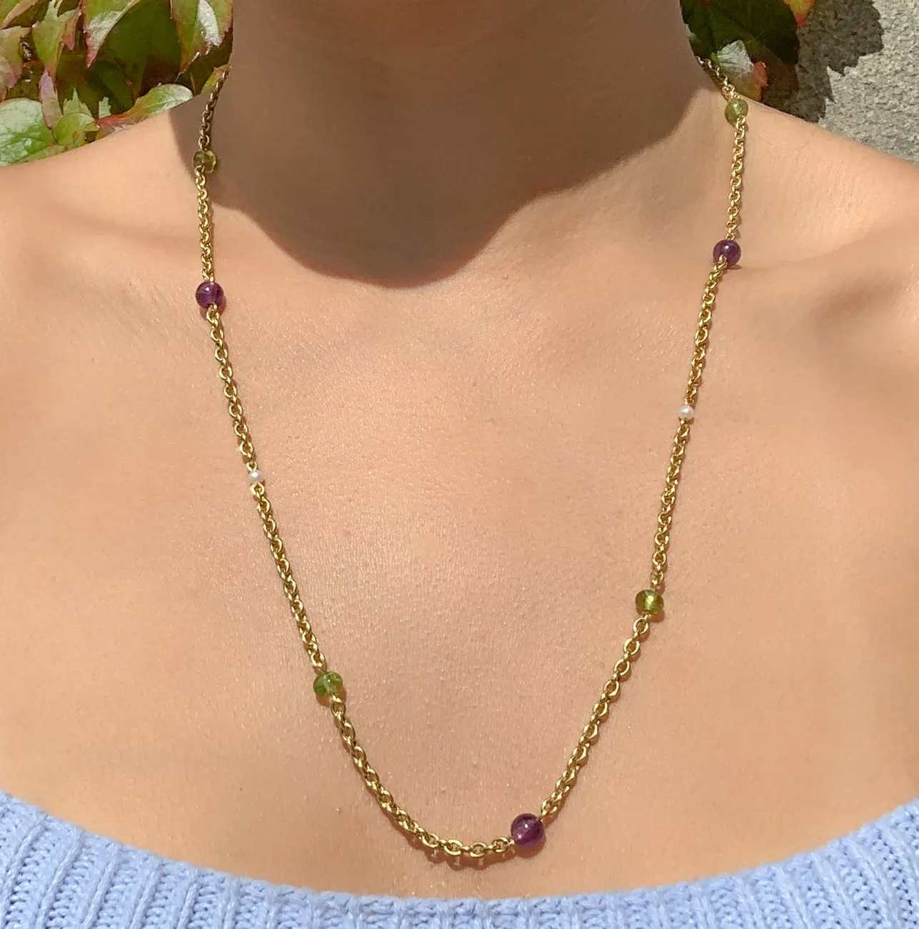 Antique Edwardian Suffragette Chain Necklace Amethyst Pearl Peridot