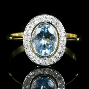 Aquamarine Diamond Cluster Engagement Ring 18Ct Gold