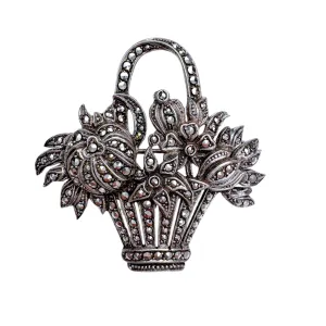 Art Deco Marcasite & Silver Flower Basket Brooch