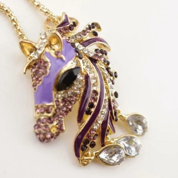 Betsey Johnson Purple Horse Head Crystal Rhinestone Gold Necklace