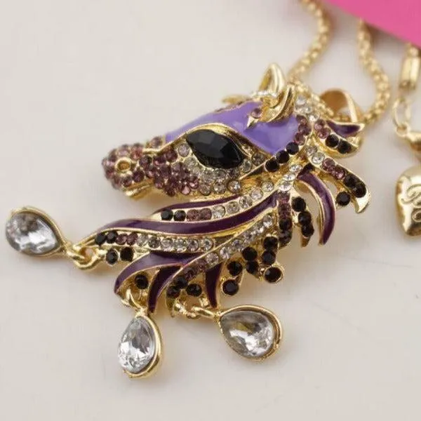 Betsey Johnson Purple Horse Head Crystal Rhinestone Gold Necklace