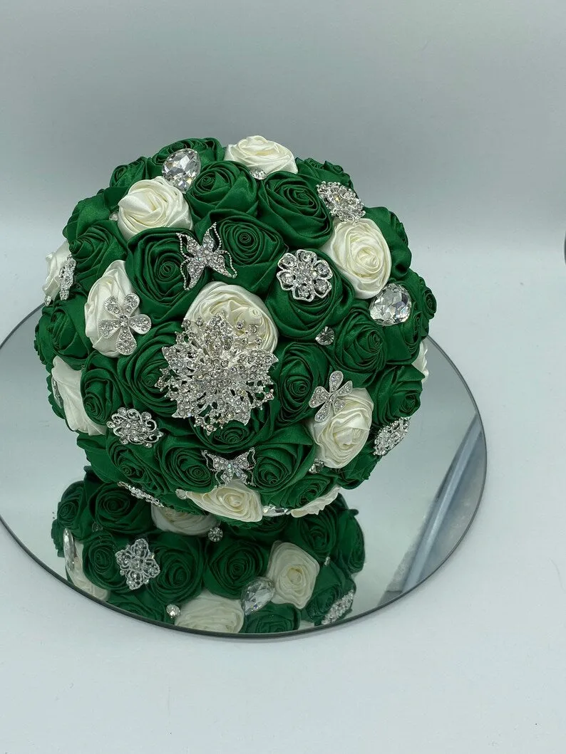 BM-009 ~ Dark Green & Ivory Satin Roses Budget Brooch Bouquet or DIY KIT