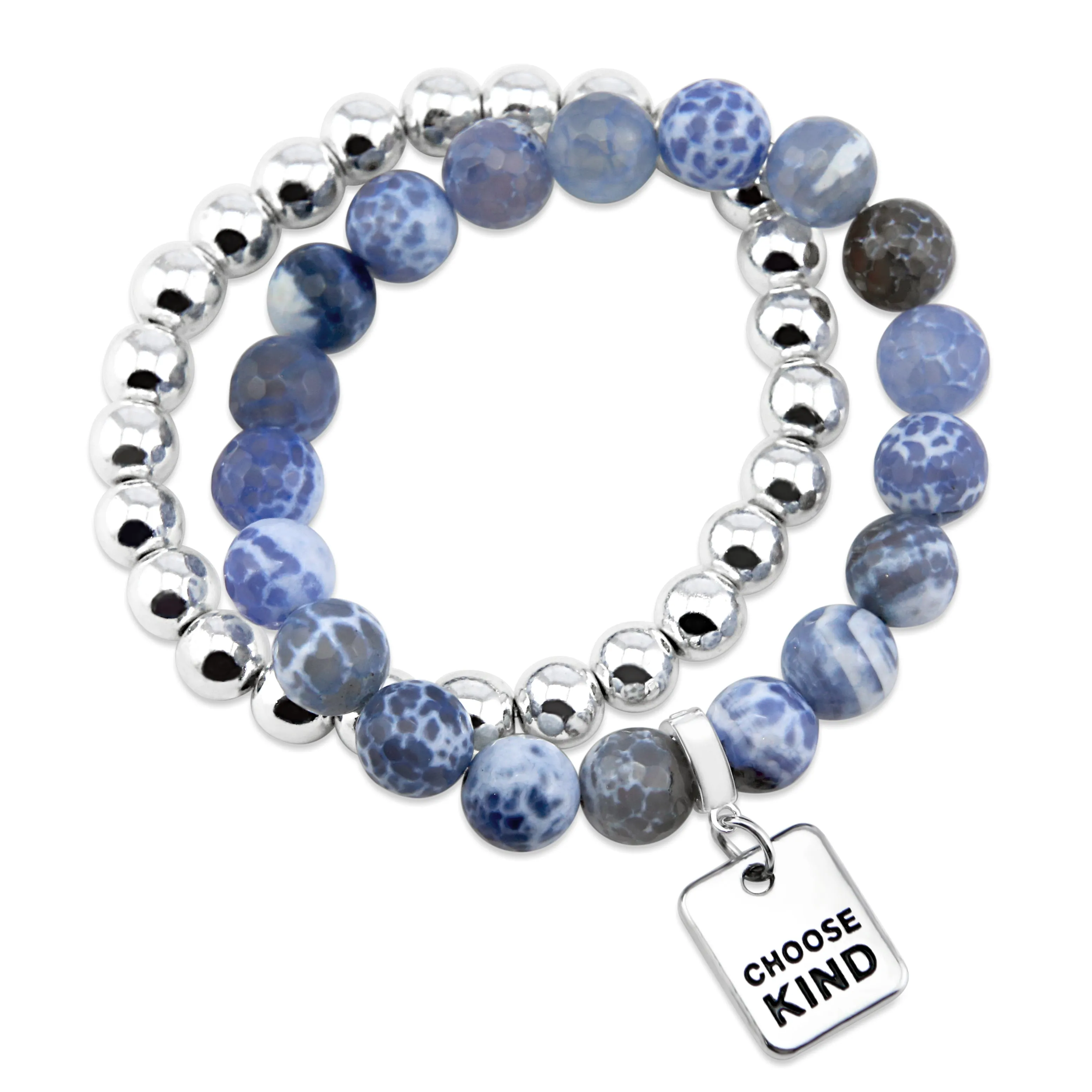 Bracelet Duo! 10mm Blue Agata Tourmaline & 8mm Silver bead bracelet stacker set - CHOOSE KIND (12053)