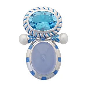 Brooch-Blue Topaz, Chalcedony and Pearl (Enamel)