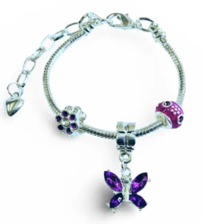 Children's Adjustable Purple 'Butterfly Wishes' Silver Plated Charm Bead Bracelet