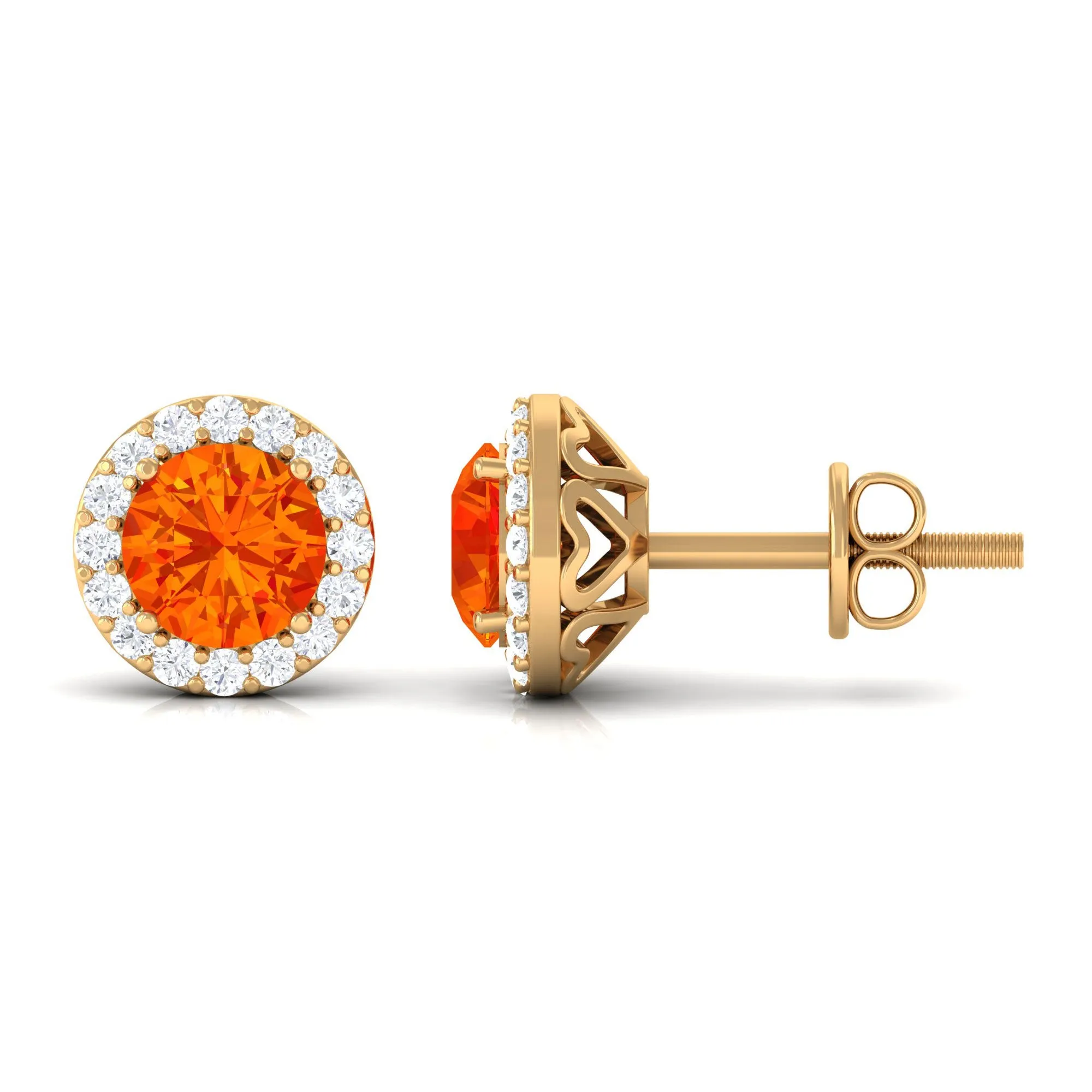 Classic Orange Sapphire Stud Earrings with Diamond Halo