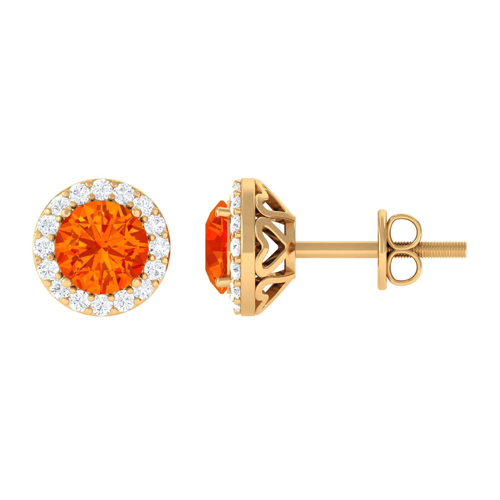 Classic Orange Sapphire Stud Earrings with Diamond Halo