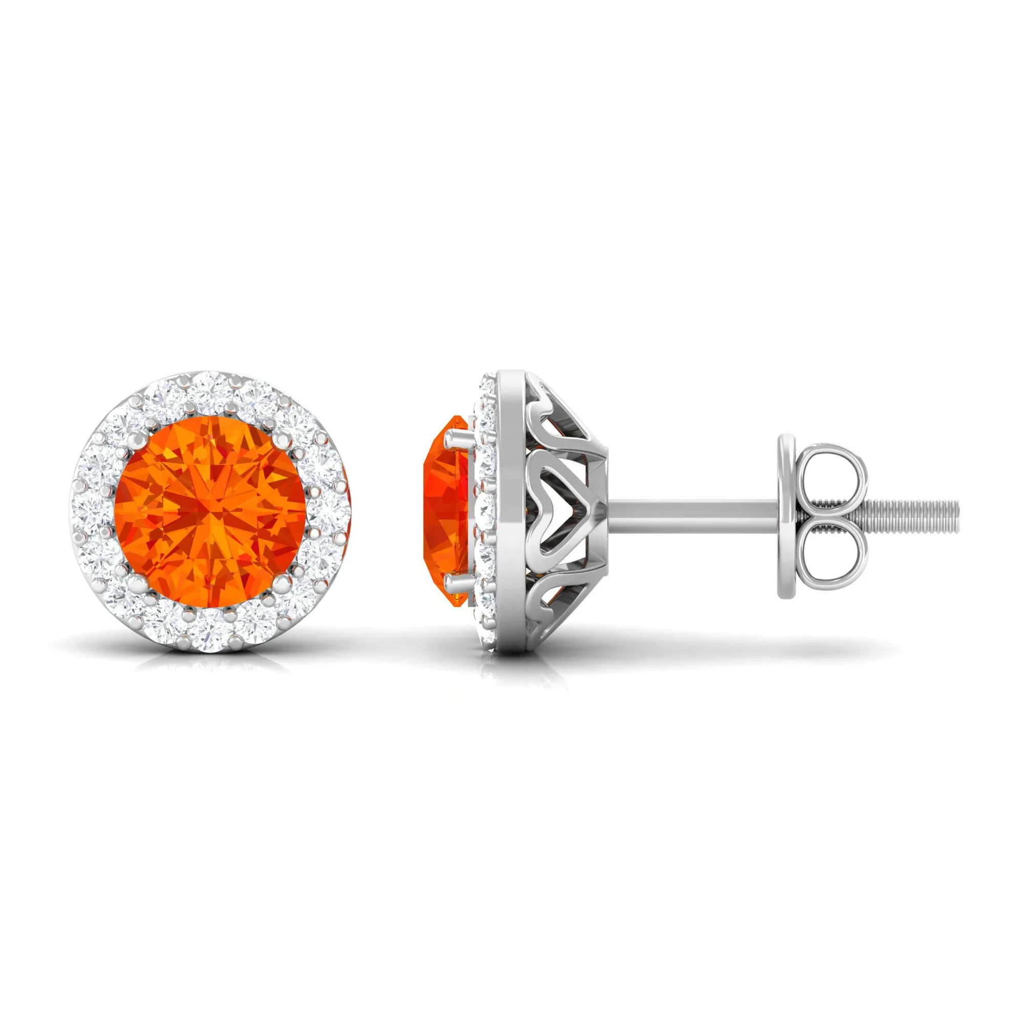 Classic Orange Sapphire Stud Earrings with Diamond Halo