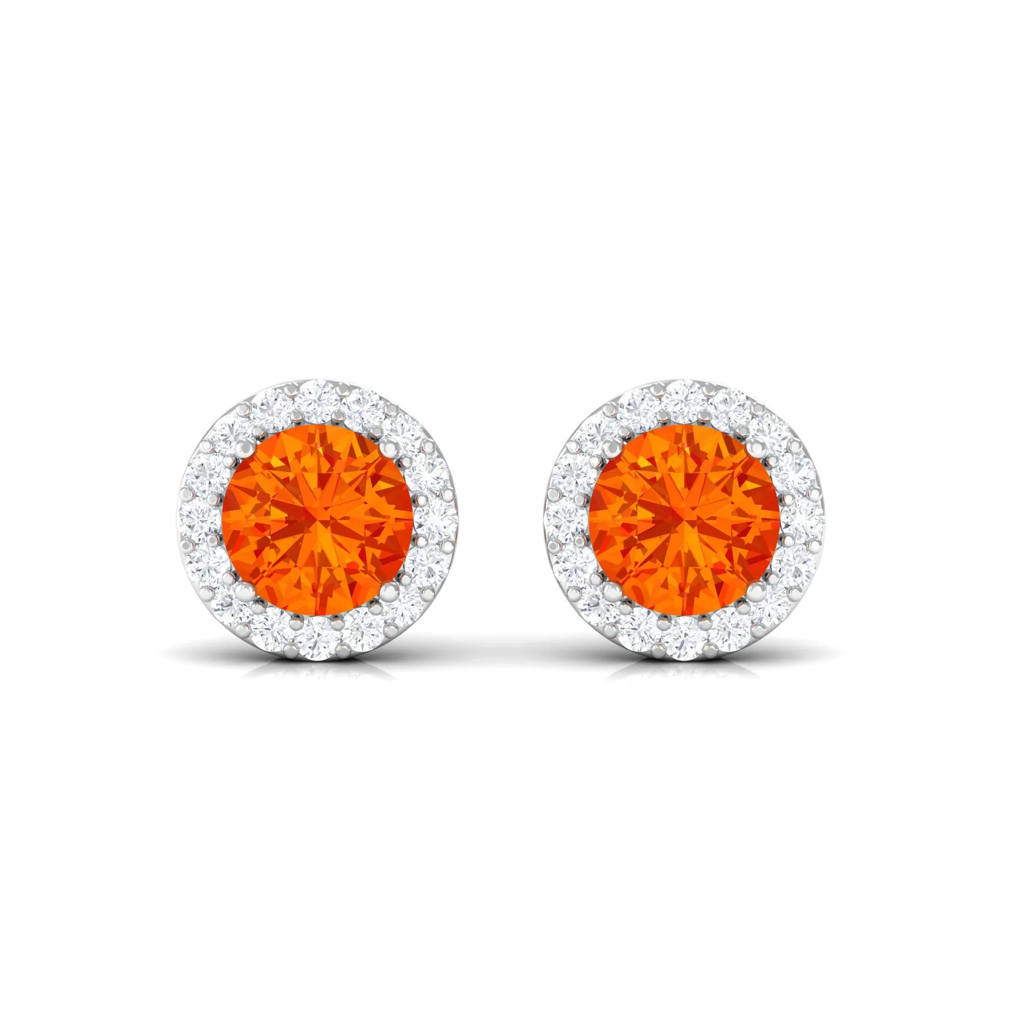 Classic Orange Sapphire Stud Earrings with Diamond Halo