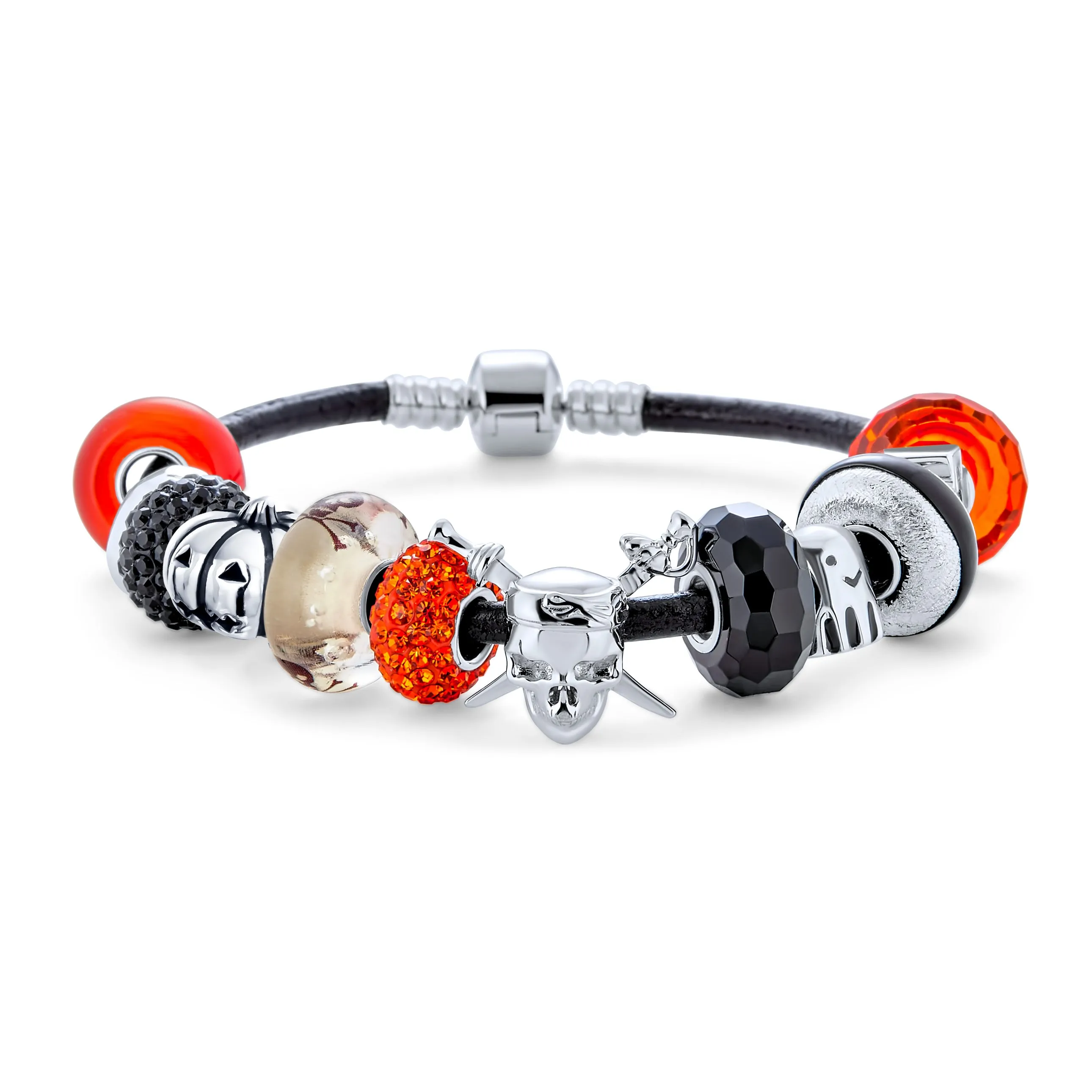 Cross Skull Ghost Pumpkin Charm Bracelet with Black Orange Beads Leather & Silver