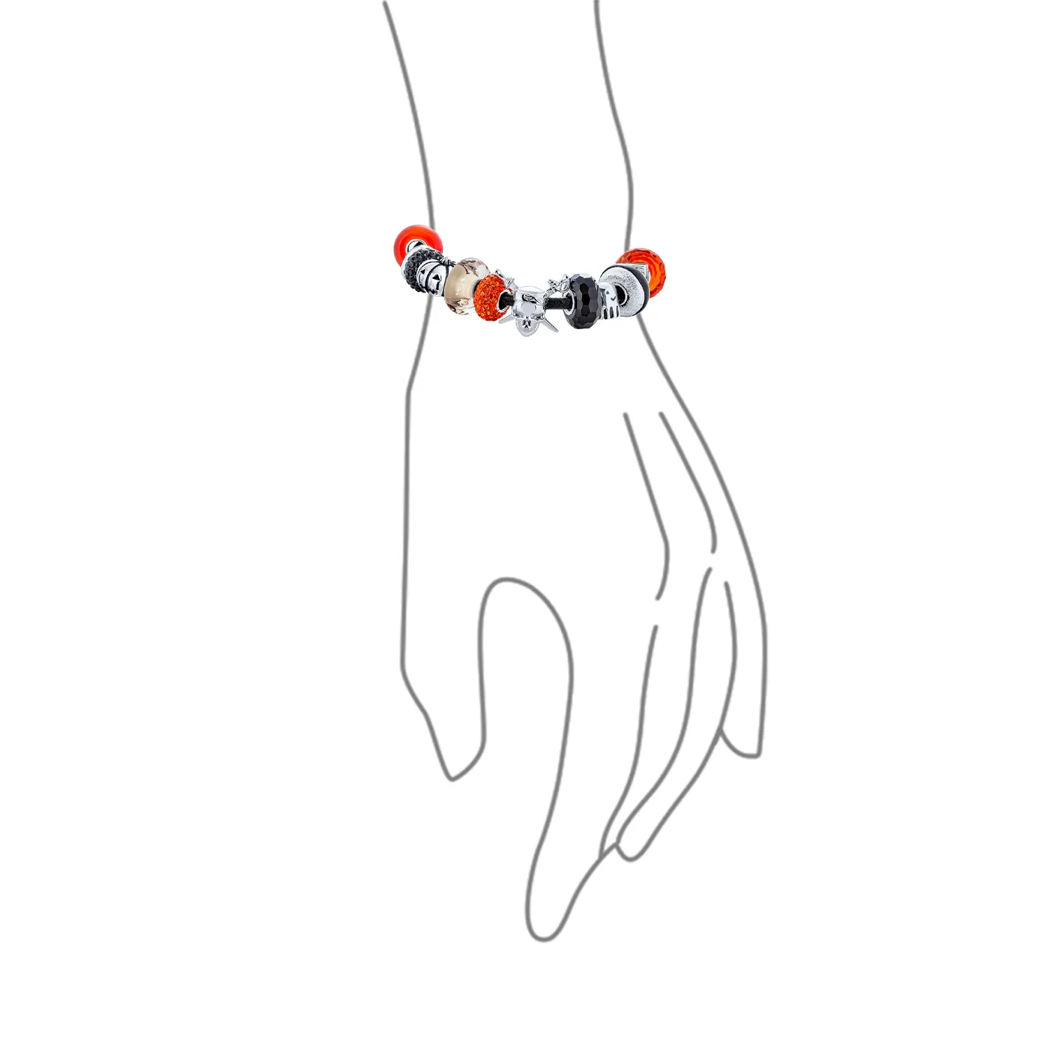 Cross Skull Ghost Pumpkin Charm Bracelet with Black Orange Beads Leather & Silver