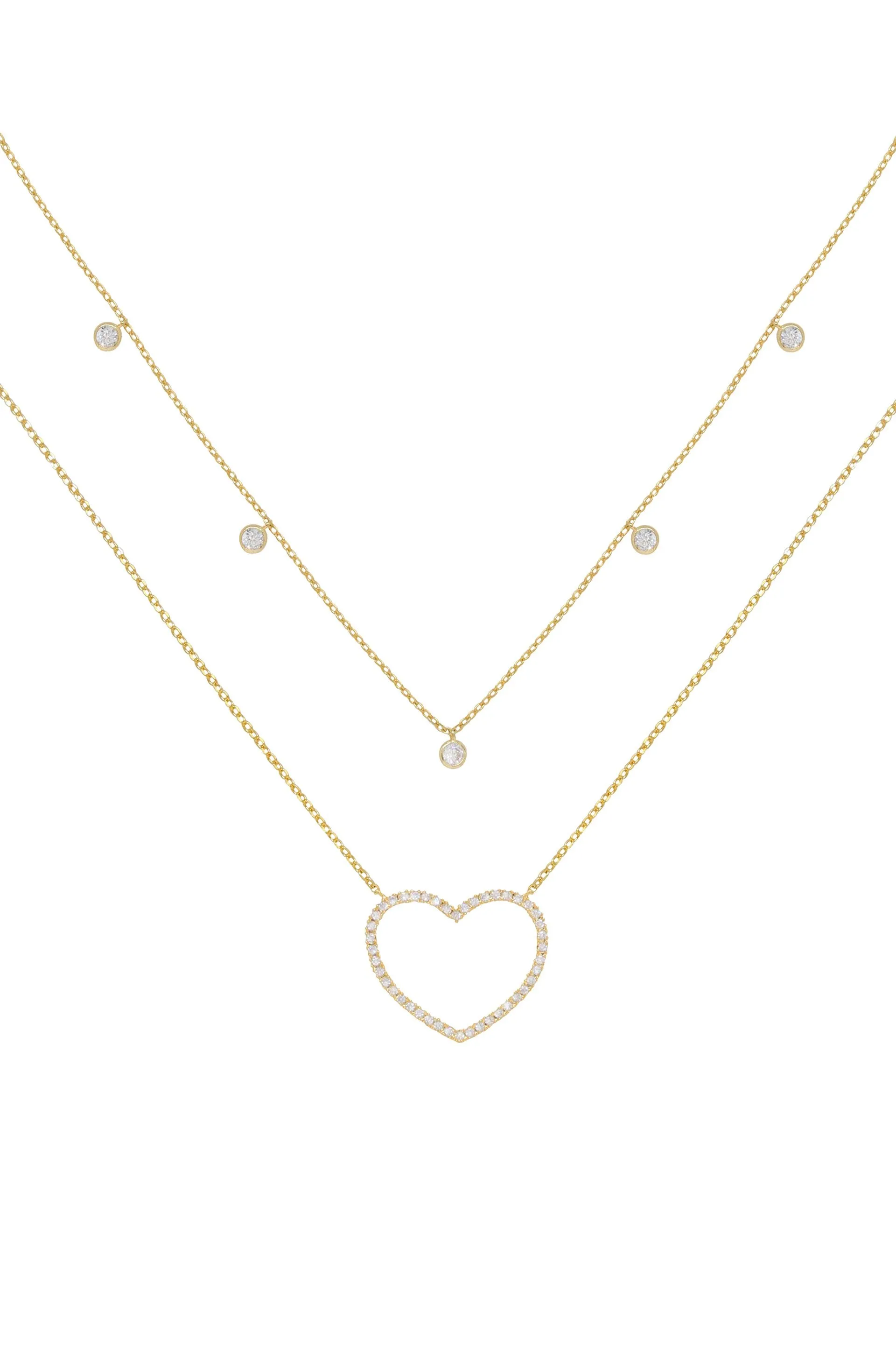 Crystal Heart and Drop Layered 18k Gold Plated Necklace Set of 2