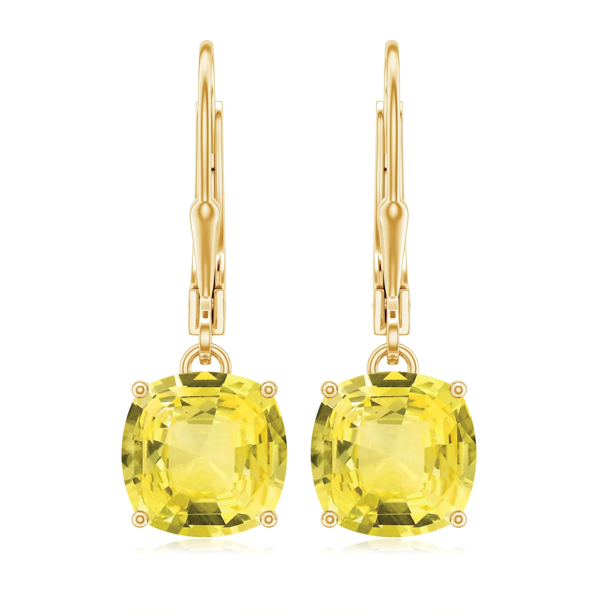 Cushion Cut Created Yellow Sapphire Solitaire Drop Earrings with Lever Back