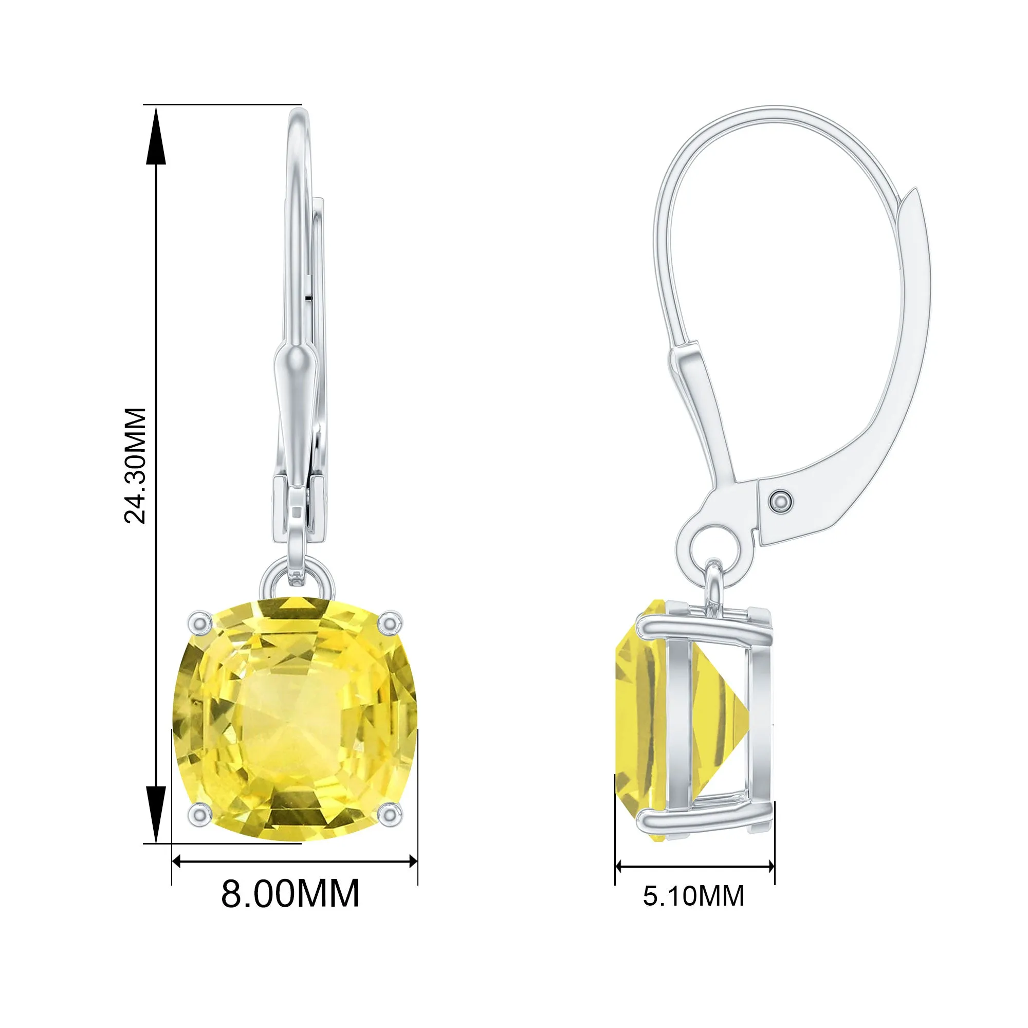 Cushion Cut Created Yellow Sapphire Solitaire Drop Earrings with Lever Back