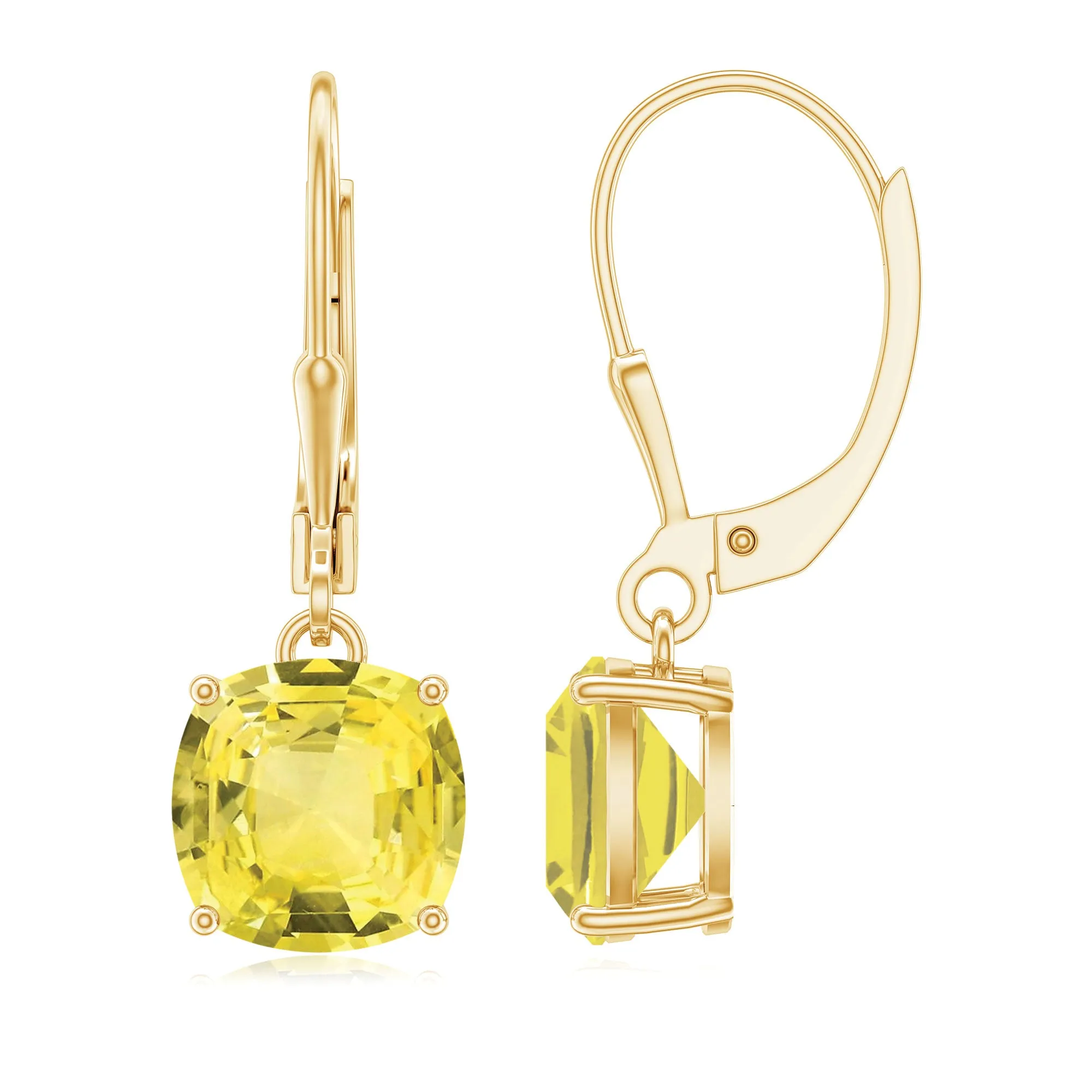 Cushion Cut Created Yellow Sapphire Solitaire Drop Earrings with Lever Back