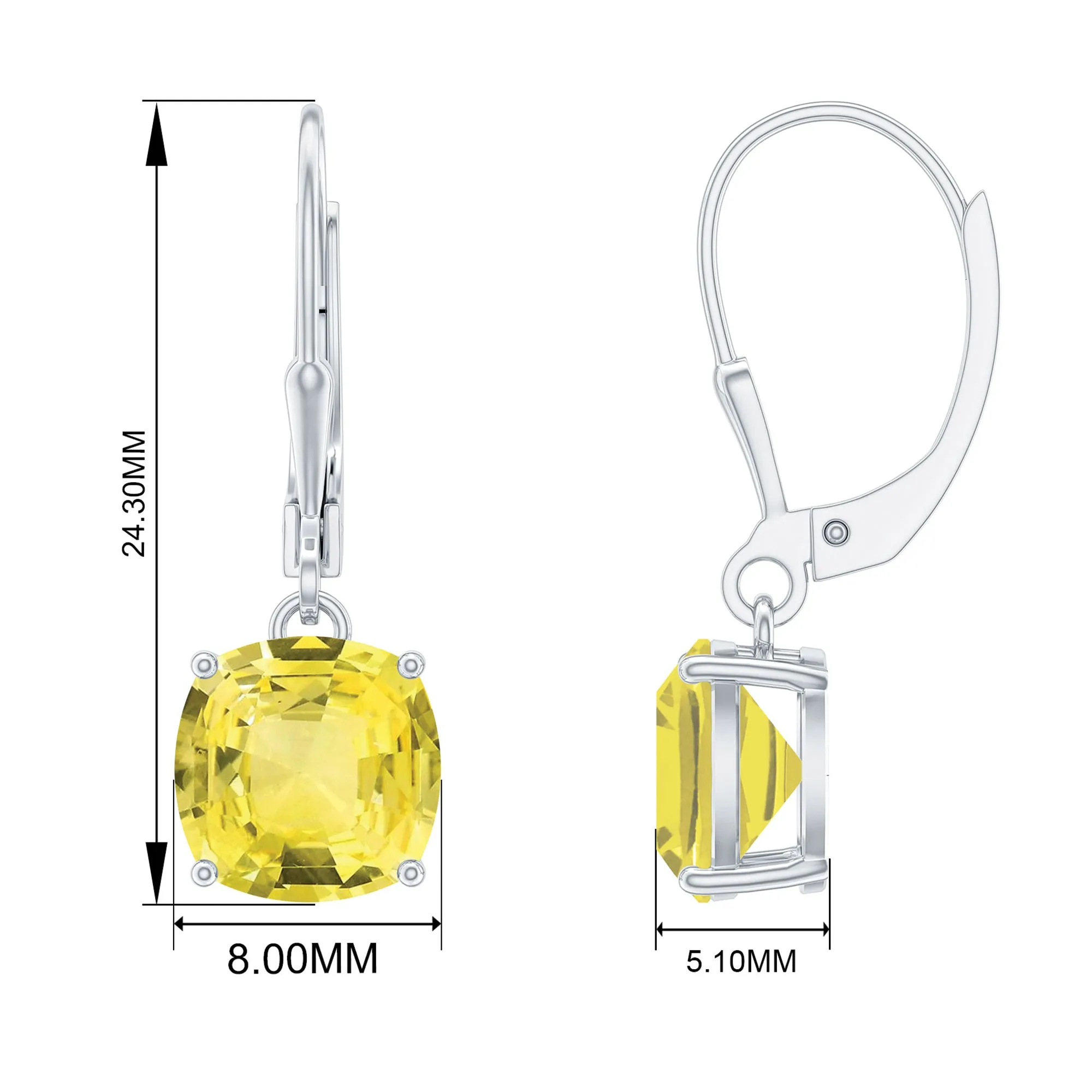 Cushion Cut Created Yellow Sapphire Solitaire Drop Earrings with Lever Back