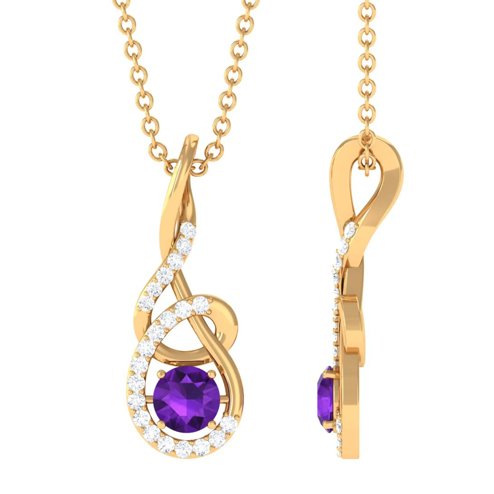 Designer Round Amethyst and Diamond Twisted Drop Pendant