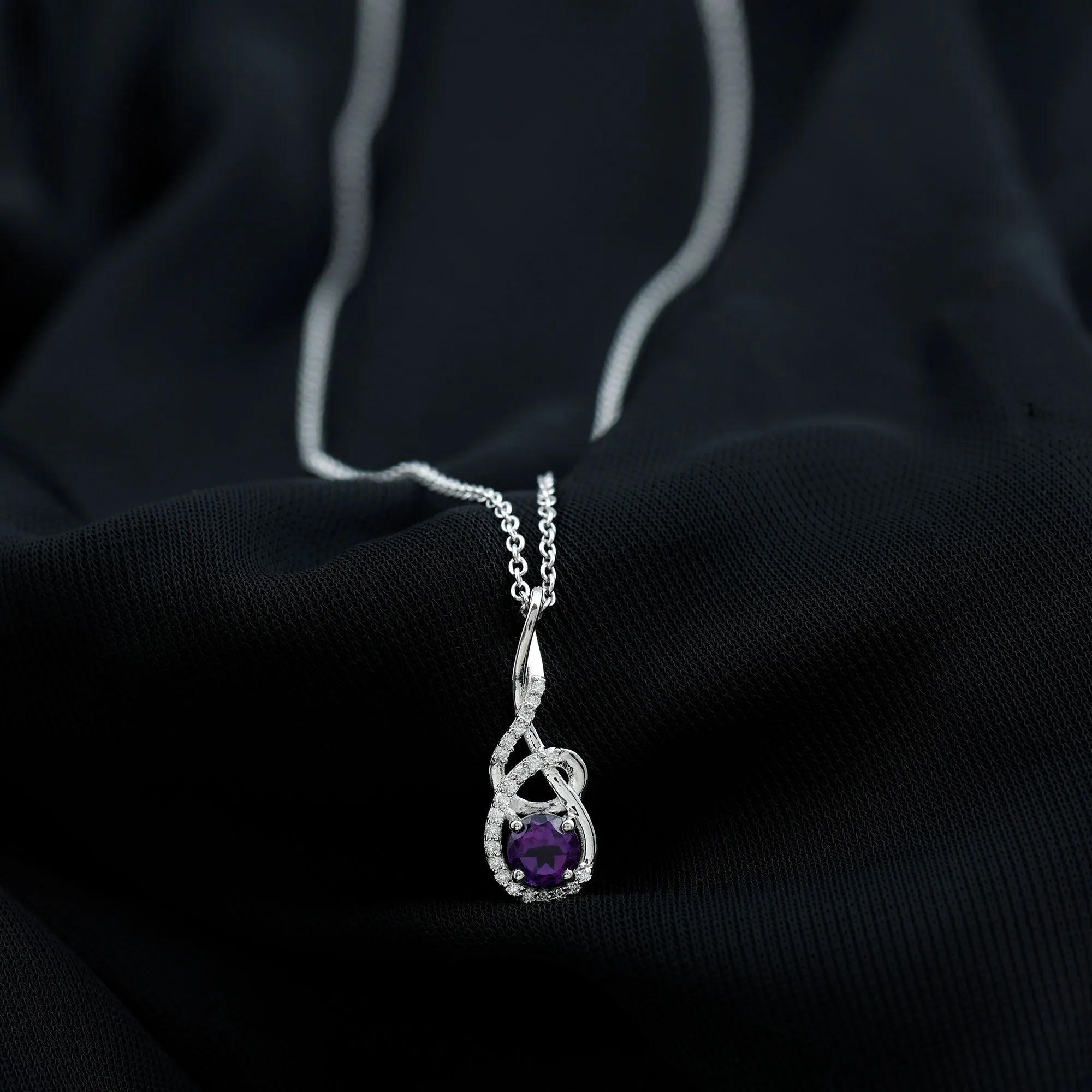 Designer Round Amethyst and Diamond Twisted Drop Pendant