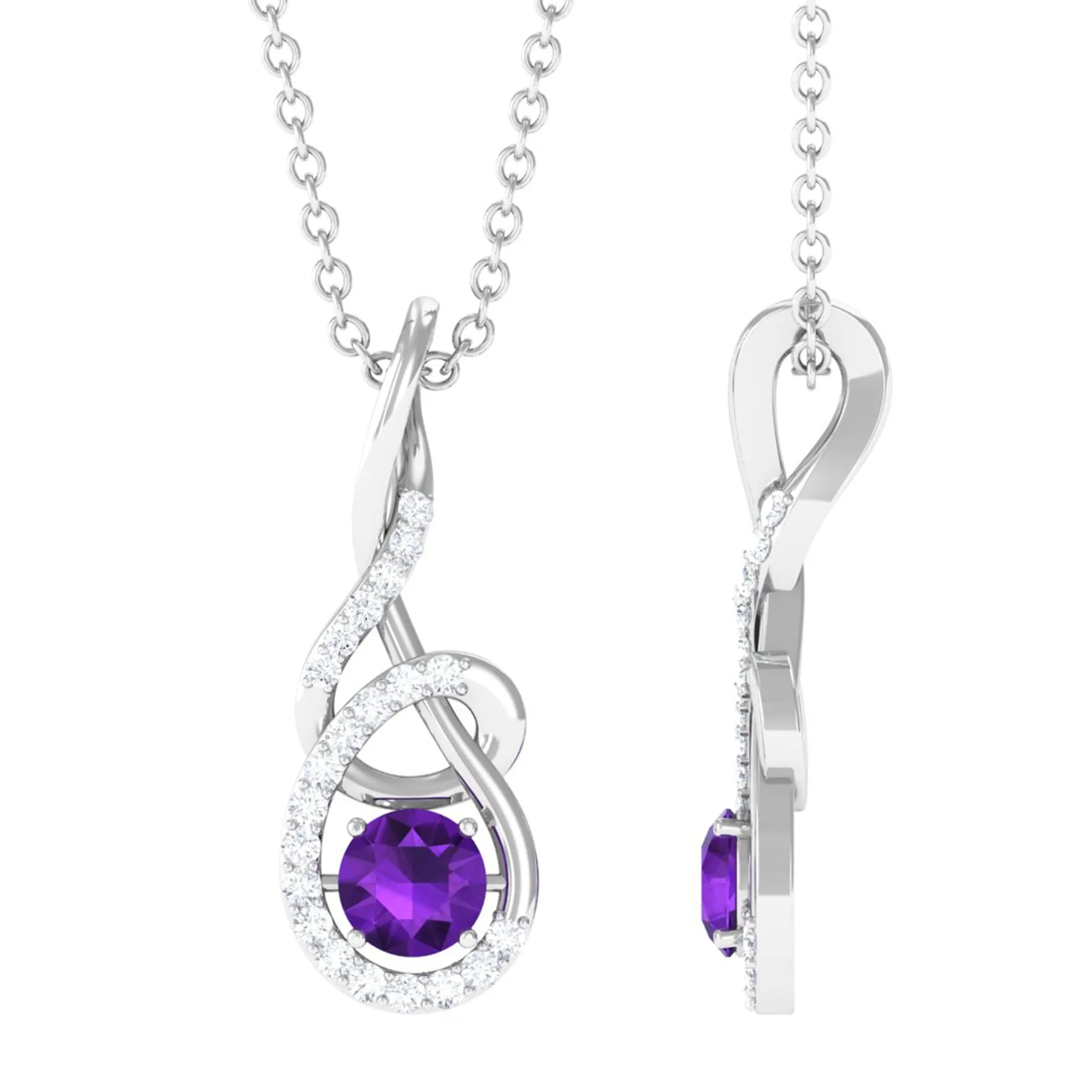 Designer Round Amethyst and Diamond Twisted Drop Pendant