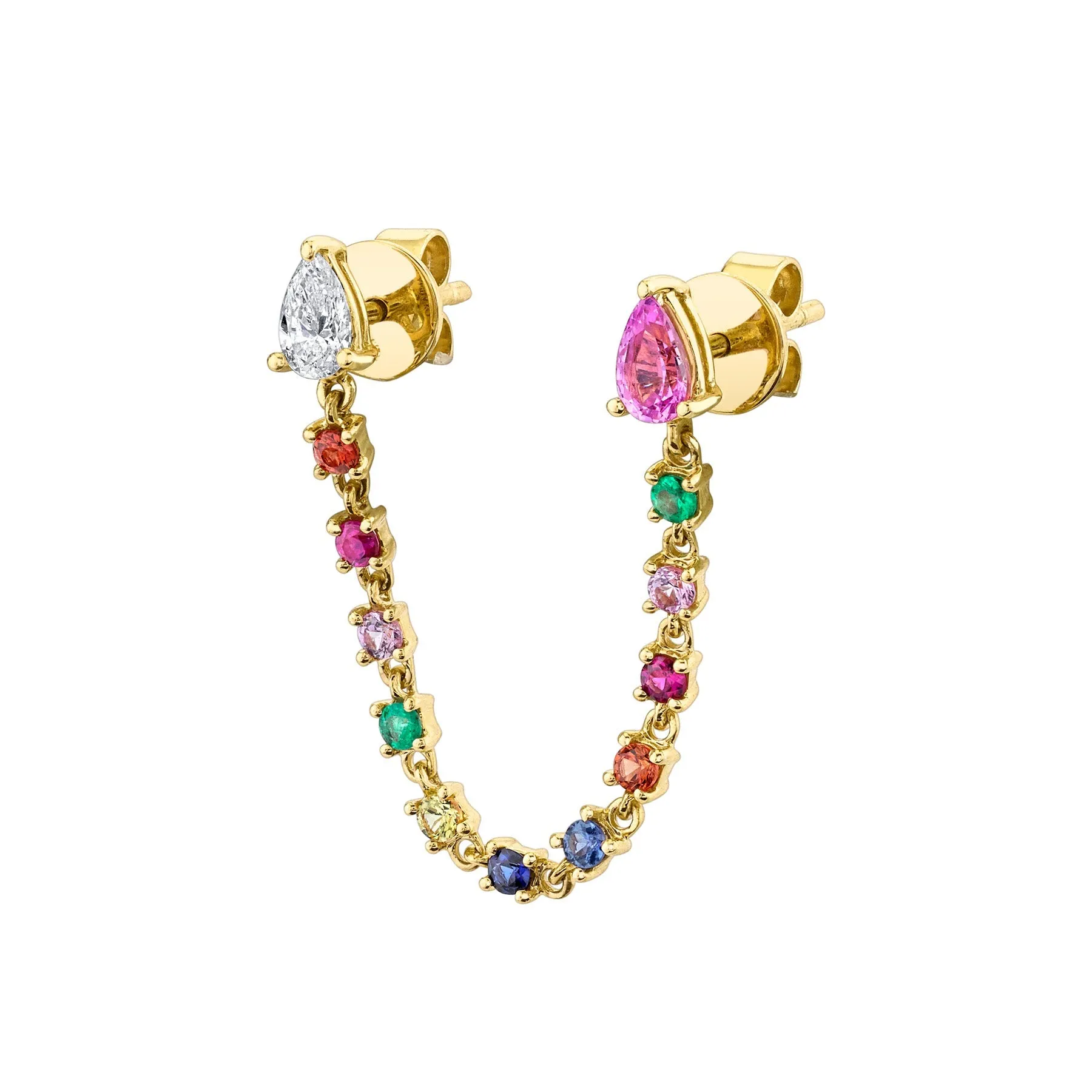 Double Piercing Loop Earring With Diamond And Pink Sapphire Pear Studs