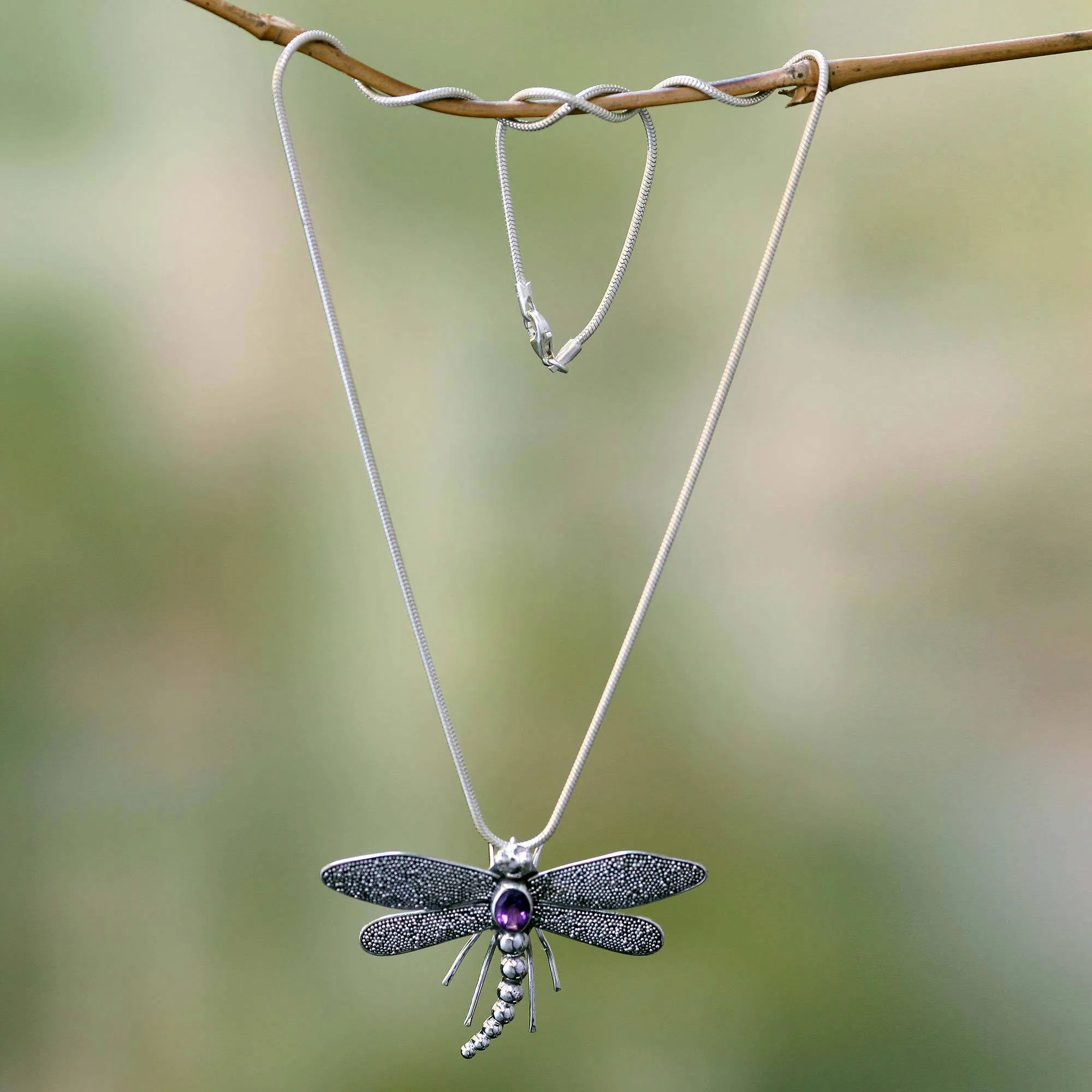 Dragonfly Amethyst & Sterling Silver Pendant Necklace