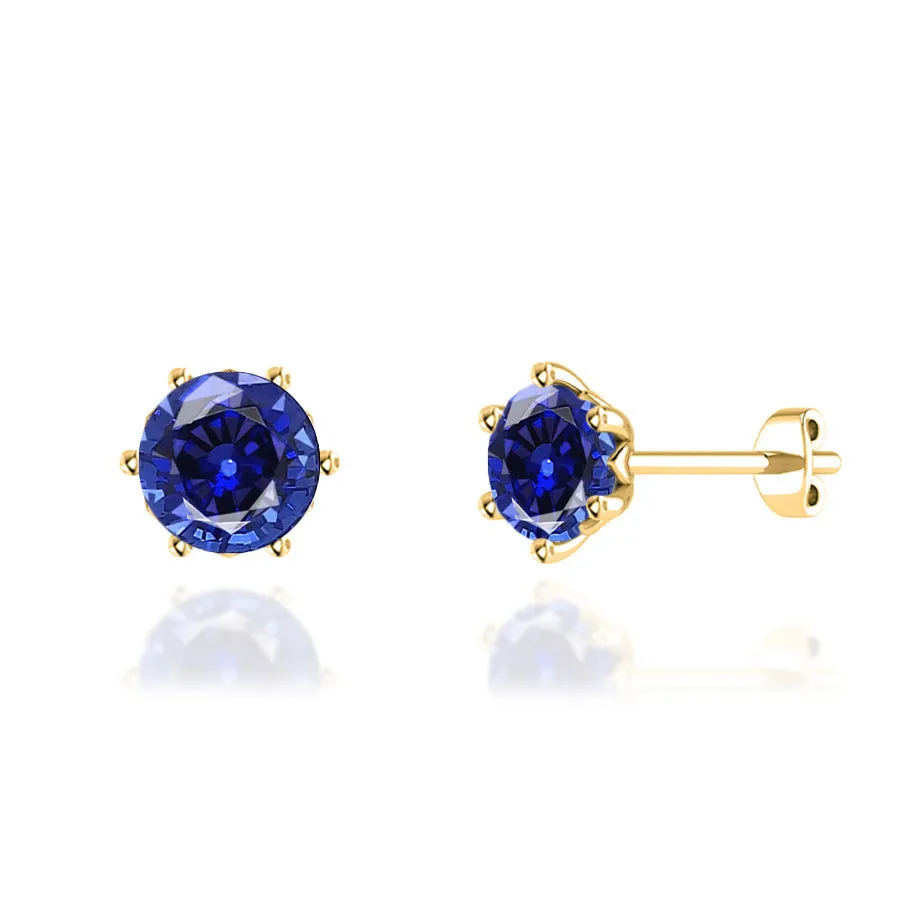 ELOISE - Round Blue Sapphire 18k Yellow Gold Lotus Leaf Stud Earrings