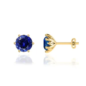 ELOISE - Round Blue Sapphire 18k Yellow Gold Lotus Leaf Stud Earrings