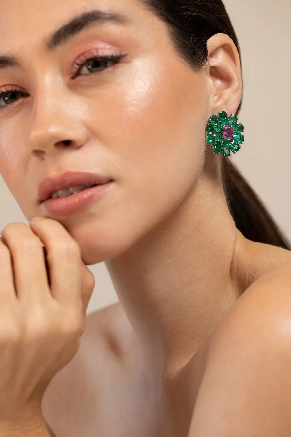 Emerald and Pink Sapphire Earrings