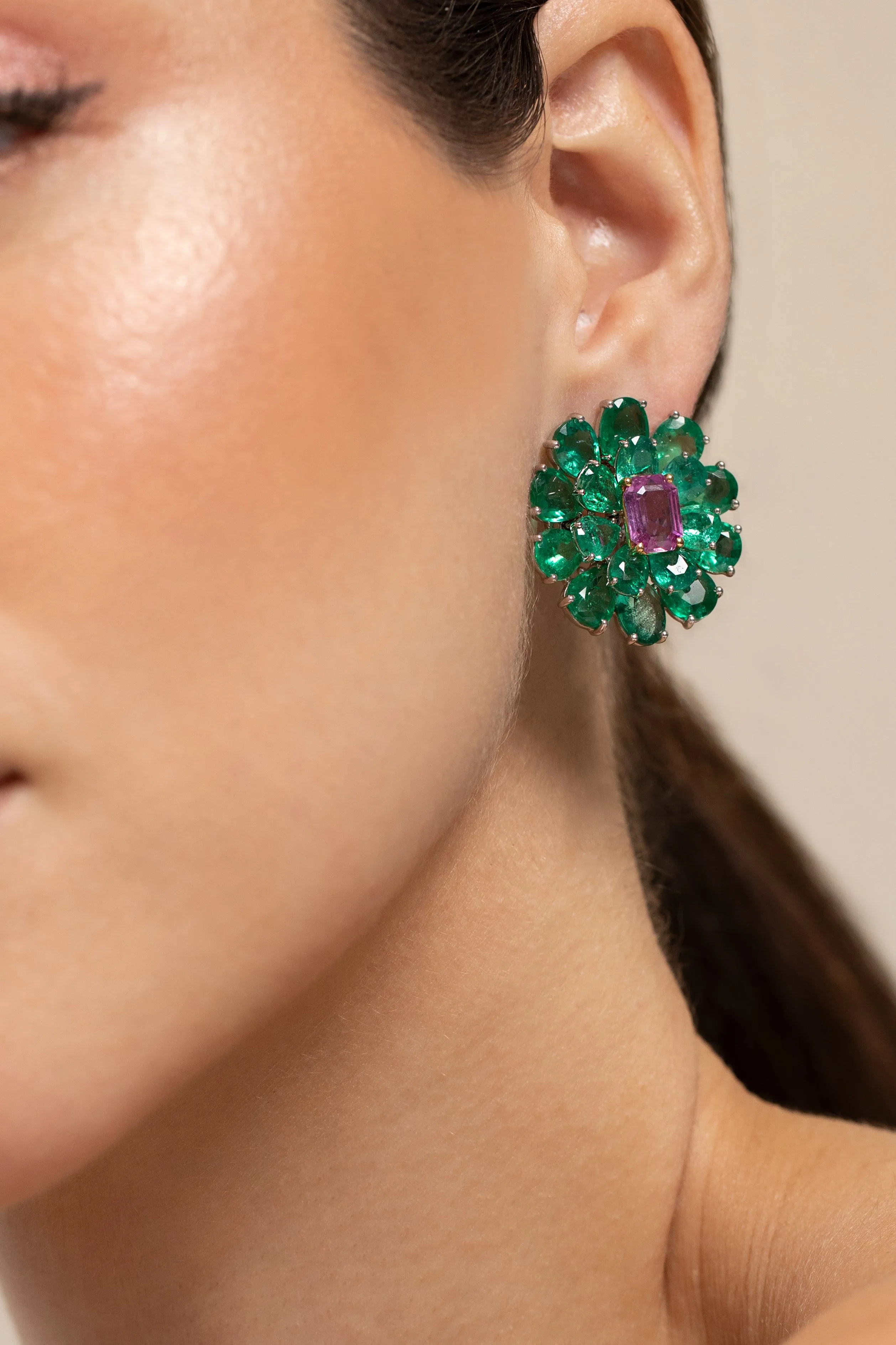 Emerald and Pink Sapphire Earrings